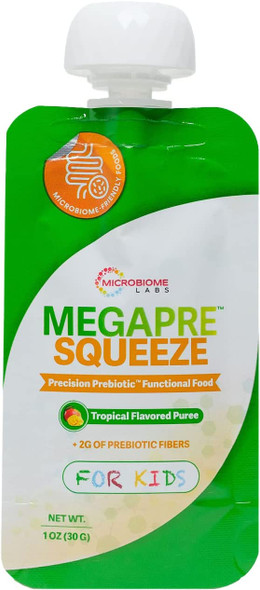 Microbiome Labs MegaPre Squeeze Packs - Daily Prebiotics for Children - Tropical Flavored Puree, Supports Gut Health + Immune Function (12 Pouches)