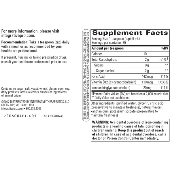 Liquid Iron Apple Cinnamon Flavor - Vitamin B12 and Folic Acid - 6 Ounces - Integrative Therapeutics