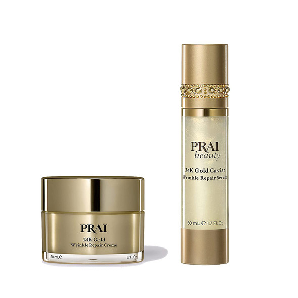 PRAI Beauty 24K Gold Serum and Creme Duo - Contains Real 24k Gold - Deeply Hydrating, Anti Aging Face Serum & Face Creme - Anti Aging Face Lotion - Lock in Moisture, Boost Collagen, Fills Wrinkles