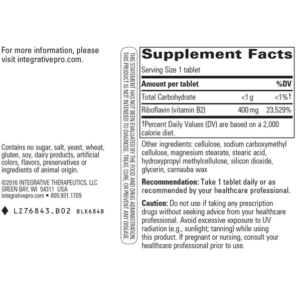 Riboflavin (Vitamin B2) 400 Mg - 30 Tablets - Integrative Therapeutics