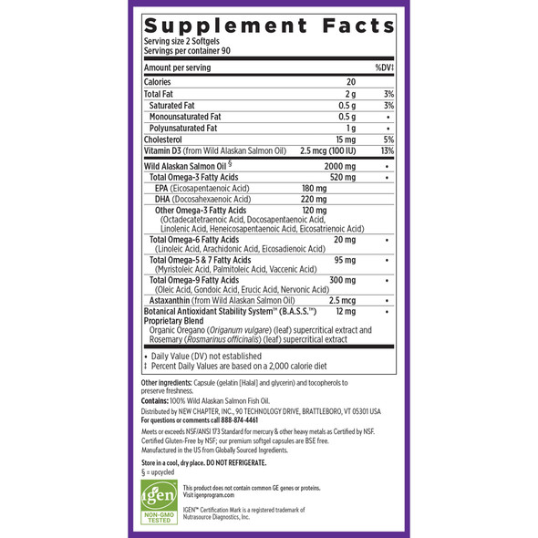 New Chapter Wholemega Fish Oil Supplement Softgels Wild Alaskan Salmon Oil with Omega-3 + Astaxanthin + Sustainably Caught 180 Count