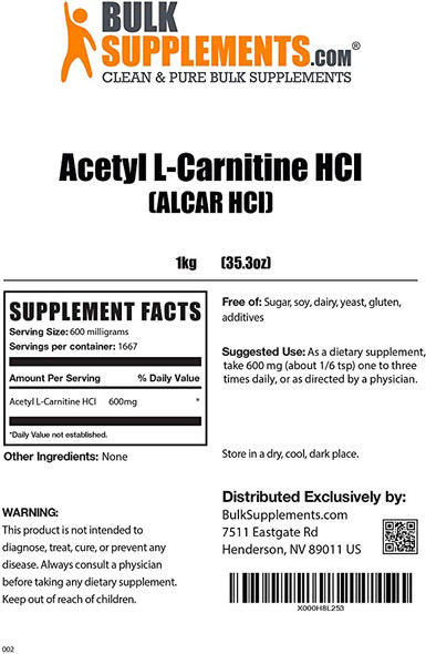 BulkSupplements.com ALCAR HCl (Acetyl L-Carnitine HCl) - Memory Supplement for Brain - Carnitine Supplement - Vegan Amino Acids (1 Kilogram - 2.2 lbs)