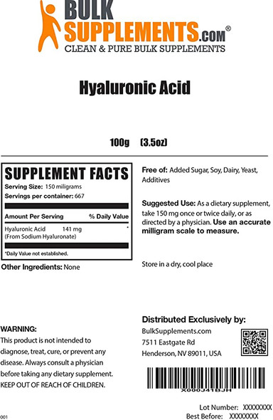 BulkSupplements.com Hyaluronic Acid (Sodium Hyaluronate) - Anti Aging Supplement - Pure Hyaluronic Acid - Ceramides Supplement (100 Grams - 3.5 oz)