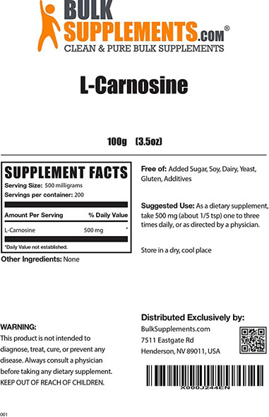 BulkSupplements.com L-Carnosine Powder Eye Supplement - Nerve Support - Amino for Brain (100 Grams - 3.5 oz)
