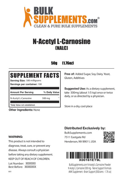 BulkSupplements.com N-Acetyl L-carnosine Powder - Brain Support - Nerve Support Formula - AMK Supplement -Womens Best Amino Acids (50 Grams - 1.8 oz)