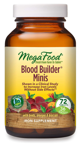 MegaFood, Blood Builder Minis, Daily Iron Supplement and Multivitamin, Supports Energy and Red Blood Cell Production Without Nausea or Constipation, Gluten-Free, Vegan, 72 Tablets