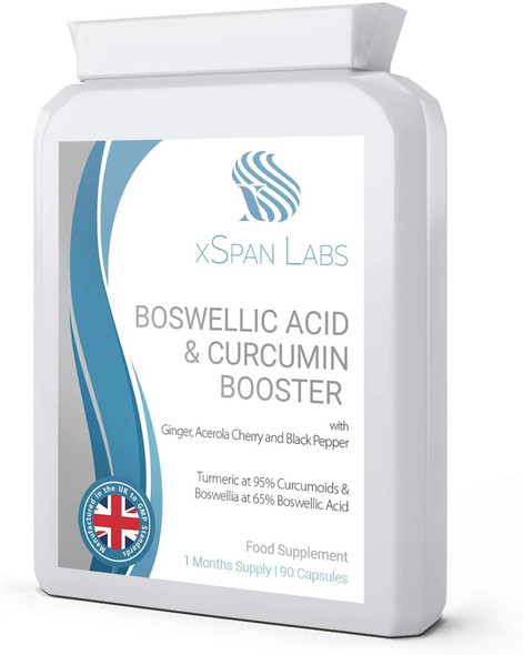 Boswellic Acid & Curcumin Booster Complex – 1 Month Supply, 90 Capsules – containing Minimum 95% Curcumoids & 65% Boswellic Acid - with Added Ginger, Acerola Cherry and Black Pepper