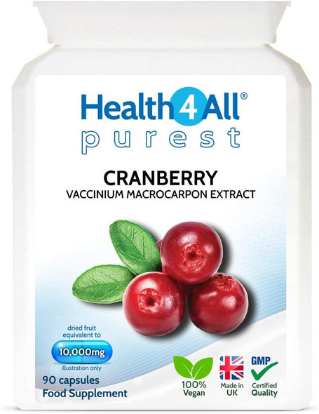 Cranberry 10,000mg 90 Capsules (V) . Purest: no additives, Vegan Capsules (not Tablets). Made in The UK by Health4All