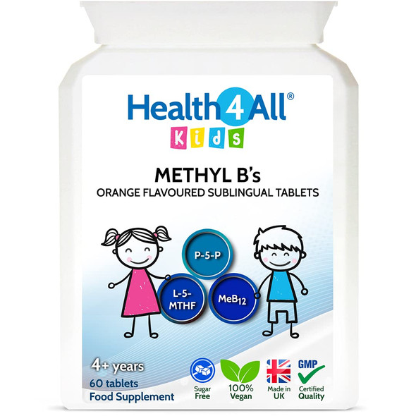 Kids Methyl B's 60 Tablets. Sublingual Vegan pre-methylated B12 Methylcobalamin, 5-Methylfolate and P-5-P for Children for Stress & Mood Support