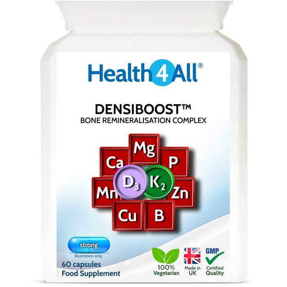 Densiboost Bone Remineralisation 60 Capsules (not Tablets) with Calcium, Magnesium, Manganese, Phosphorus, Copper, Boron, Zinc and Vitamins D3 and K2 MK-7. Made in The UK by Health4All