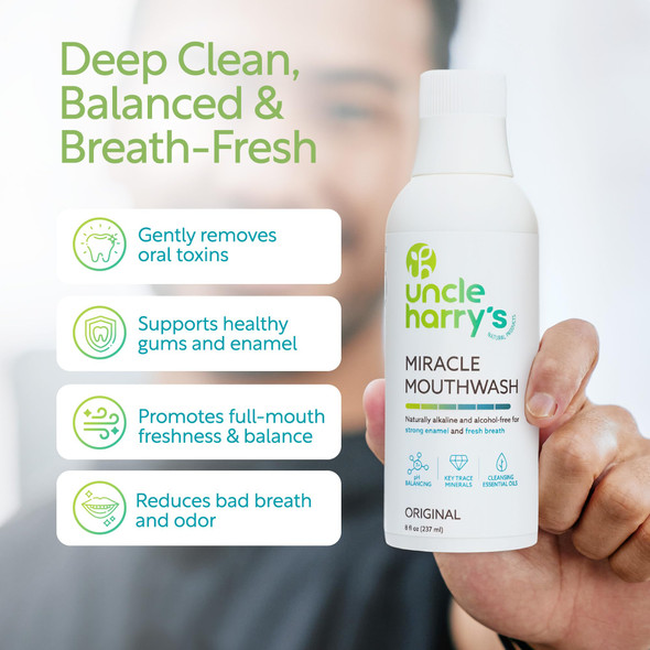 Uncle Harry's Natural Alkalizing Miracle Mouthwash | Adult & Kids Mouthwash for Bad Breath | pH Balanced Oral Care Mouth Wash & Mouth Rinse (8 fl oz)