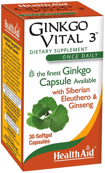 HealthAid Ginkovital +3 - Ginkgo Biloba, Siberian Ginseng, Korean Gingeng - 30 Capsules