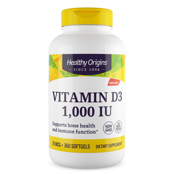 Vitamin D3 1000iu 360 Easy to Swallow Softgels not Tablets - 1 Year Supply, Premium One a Day Cholecalciferol Vitamin D Supplement, Supports Bone Health and Immune System by Healthy Origins