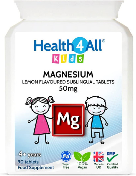 Kids Magnesium Sublingual 90 Tablets (V) (not Capsules or Gummies) for Anxiety, Sleep, Ticks. Vegan Chewable Magnesium Citrate for Children. Made in The UK by Health4All