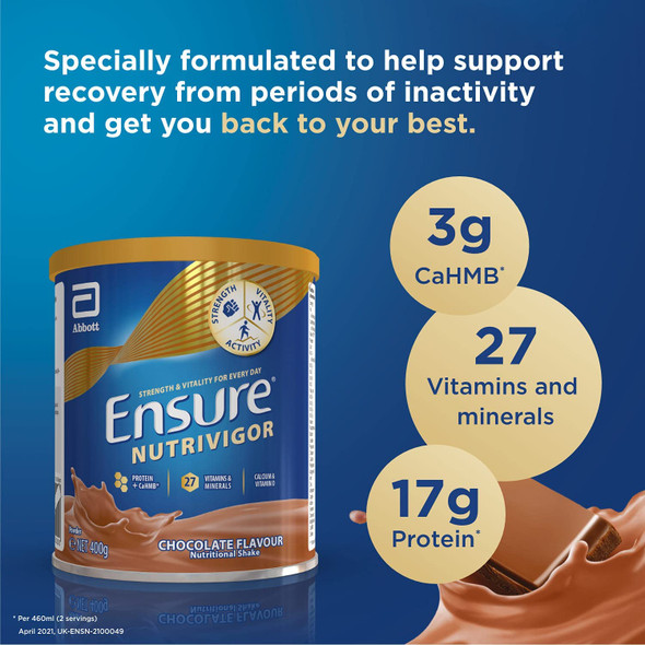 Ensure NutriVigor Protein Shake | Boost Energy and Help Support Recovery| Vitamin D Supplement with Protein, CaHMB and 27 Vitamins and Minerals | 400g | Chocolate Flavour