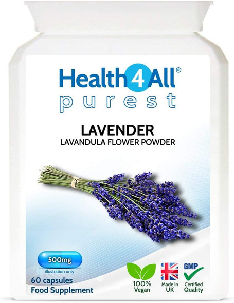 Lavender 500mg 60 Capsules (V) .(not Tablets or Oil) Purest- no additives. Vegan Capsules for Anxiety, Relaxation and Sleep. Made in The UK by Health4All