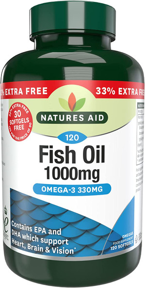 Natures Aid Fish Oil 1000mg | Omega 3 (180mg Epa & 120mg Dha) | Made In The UK, 120 Softgels for The Price of 90, 120 Capsules