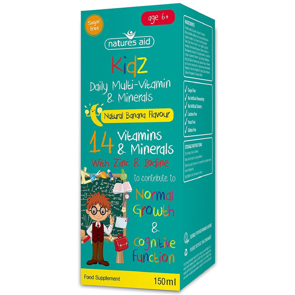 Natures Aid Kids Multi-Vitamin And Minerals Formula For Children (150 Ml, Natural Banana Flavour, Sugar Free, Vegan Society Approved, Made In The Uk) 6 Years Plus