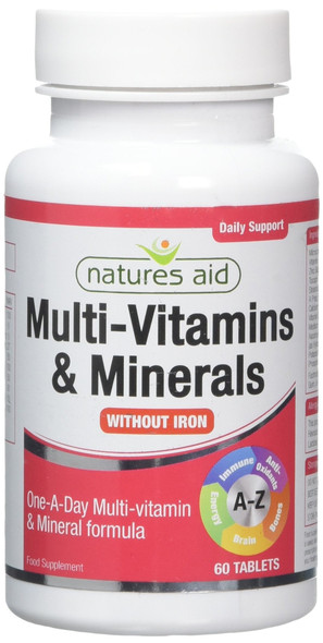 Natures Aid Multi-Vitamins And Minerals 60 Tablets (Without Iron, One-A-Day Multi-Vitamin And Mineral Formula, Supports Immune, Energy, Brain And Bone Health, Vegan Society Approved, Made In The Uk)