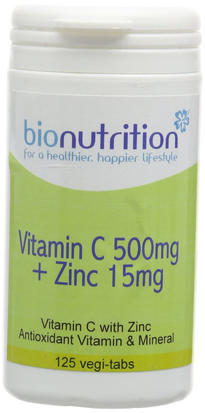 Bio Nutrition Vitamin C 500Mg + Zinc 15Mg : Antioxidant And Immune Vitamin And Mineral Combination : 125 Vegi Tablets