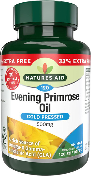 Natures Aid Evening Primrose Oil, 500 mg, 120 Softgels (Pure Cold Pressed Evening Primrose Oil, Omega-6 Gamma Linolenic Acid, Made in the UK)
