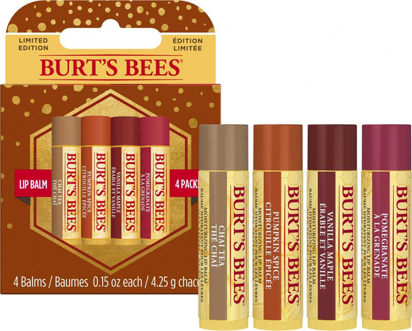 Burts Bees Lip Balm 4 Pack Chai Tea, Pumpkin Spice, Vanilla Maple and Pomegranate Limited Edition