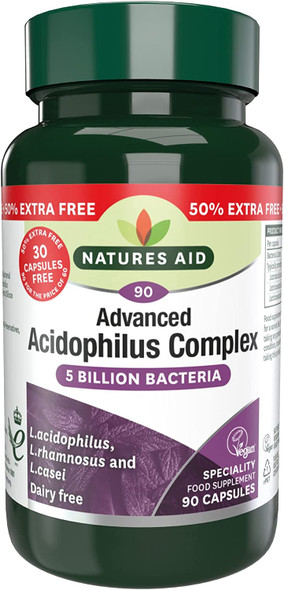 Natures Aid Acidophilus Complex, 5 Billion Bacteria, 90 Capsules (Lactobacillus Acidophilus, Lactobacillus Rhamnosus, Lactobacillus Casei, Good Bacteria, Shelf Stable, Vegan Society Approved)