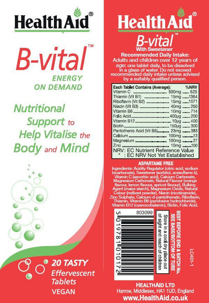 Health Aid B-vital Rapid Energy Boost Effervescent 20's