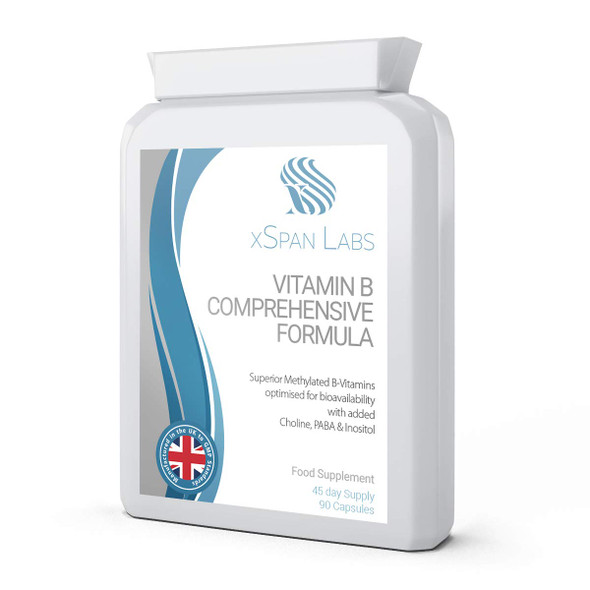 Vitamin B Comprehensive Formula - 90 Capsules - Superior Methylated Formula with Added Choline, PABA & Inositol - Includes Essential Multi B-Vitamins B1, B2, B3, B5, B6, B12, Biotin & Folate
