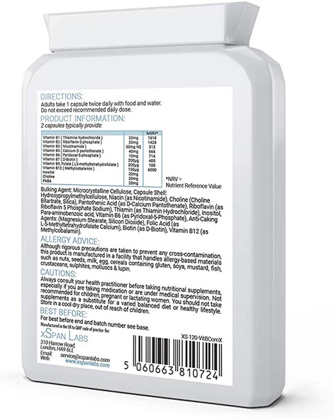 Vitamin B Comprehensive Formula - 90 Capsules - Superior Methylated Formula with Added Choline, PABA & Inositol - Includes Essential Multi B-Vitamins B1, B2, B3, B5, B6, B12, Biotin & Folate
