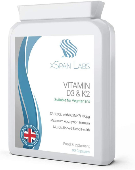 Vitamin D 3,000 IU & Vitamin K2 100ug MK7 Vegetarian Capsules - 90-Day Supply of Vitamin D3 Supplement Source of Cholecalciferol – Exclusively Manufactured in The UK for Maximum Absorption