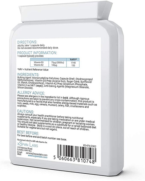 Vitamin D 3,000 IU & Vitamin K2 100ug MK7 Vegetarian Capsules - 90-Day Supply of Vitamin D3 Supplement Source of Cholecalciferol – Exclusively Manufactured in The UK for Maximum Absorption