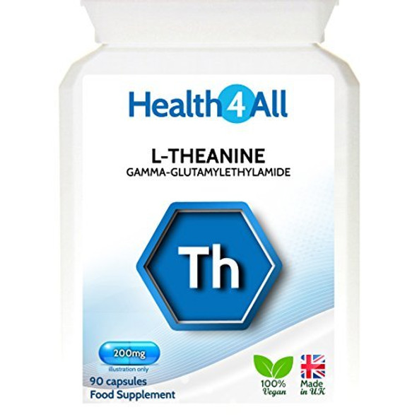 L-Theanine 250mg 90 Capsules (V) . Purest- no additives. Vegan Nootropic for Focus, Relaxation, Alpha Waves and GABA Boost. Made in The UK by Health4All