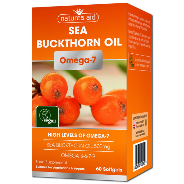 Natures Aid Sea Buckthorn Oil, 500 mg, 60 Softgels (High Levels of Omega-7, Natural Source of Omega 3, 6 and 9 with Vitamins A, B, C and E and Antioxidants, Premium Omega Oil, Vegan Society Approved)