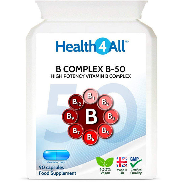 Vitamin B Complex B-50 90 Capsules (V) (Not Tablets) High Potency Vegan B-Complex With Paba. Made In The Uk By Health4All