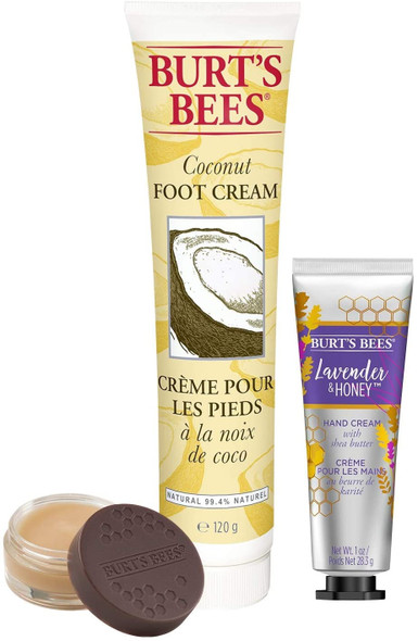 Burt's Bees Natural Moisturising Lips to Tips Bundle. Includes a trio of, Overnight Lip Treatment Lavender Mini Hand Cream Coconut Foot Cream