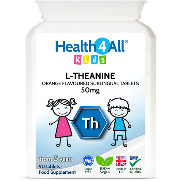 Kids L-Theanine 50mg Sublingual Tablets. Focus for Children. Supports Attention & Concentration. Natural Orange Flavour. Vegan. Made by Health4All, 90 Tablets (V)