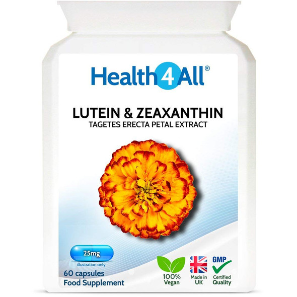 Lutein 25mg with Zeaxanthin Capsules (not Tablets) for Eye Health and Blue Light Protection. Vegan. Made in The UK by Health4All, 60 Capsules (V)