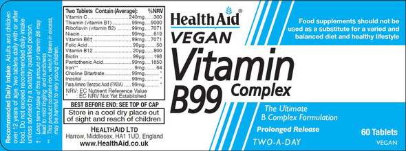 Health Aid Vegan Vitamin B99 Complex 60's