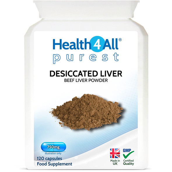 Desiccated Beef Liver 750mg 120 Capsules (V) (not Tablets) Purest- No additives. Non-defatted Natural Source of readily absorbable Vitamins and Minerals. Made in The UK by Health4All