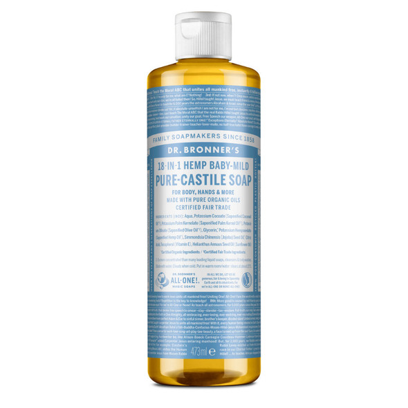 Dr Bronner's Magic Soaps 18-in-1 Hemp Unscented Baby-Mild Pure-Castile Liquid Soap 473ml