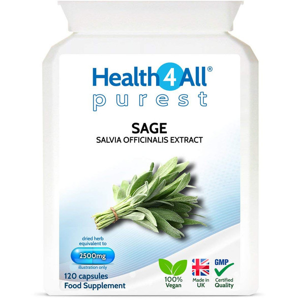 Sage Strong 2500mg 120 Capsules (V) . Purest- no additives sage Leaf Capsules (not Tablets). Works for Hot Flushes, Night Sweats and Menopause Symptoms. Vegan. Made by Health4All