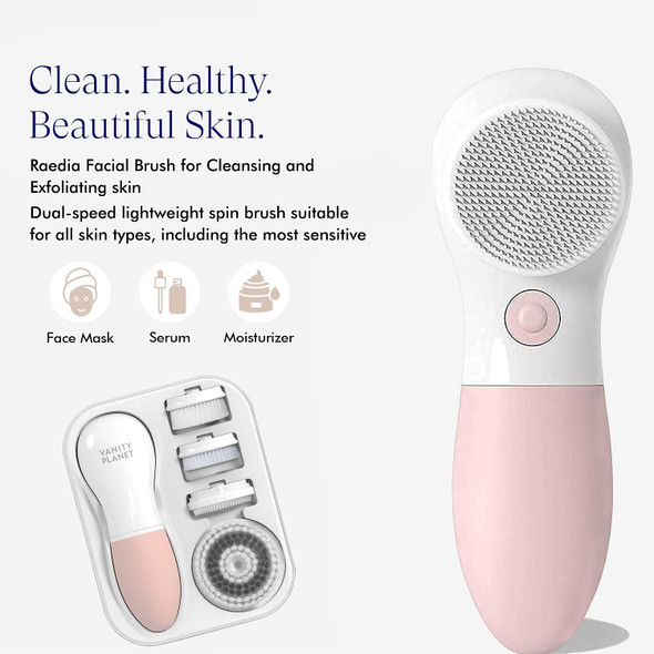 (Dusty Pink) - Vanity Planet Raedia Facial Cleansing Brush with 3 Interchangeable Brush Heads - Daily Cleansing Glowing Skin Lightweight Skin Brush Face Exfoliator Water Resistant (Dusty Pink)