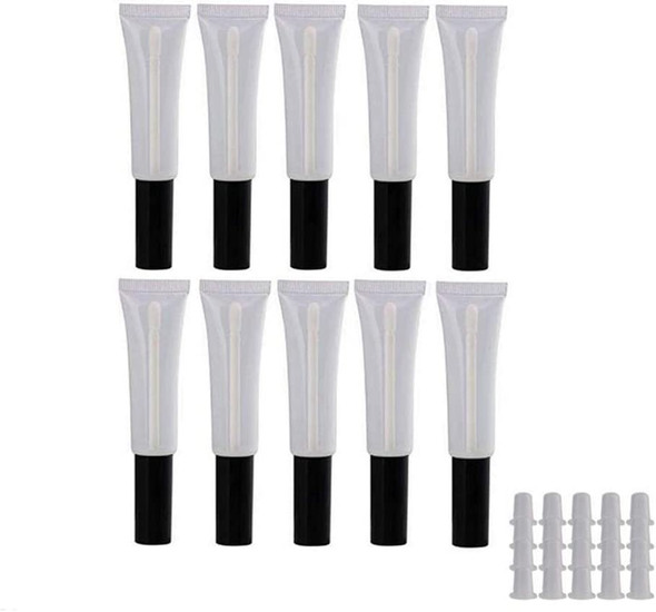 15ml Plastic Squeeze Lip Gloss Tube with Wand Applicator Brush and Black Cap Lip Balm Lipstick Empty Containers,Pack of 10