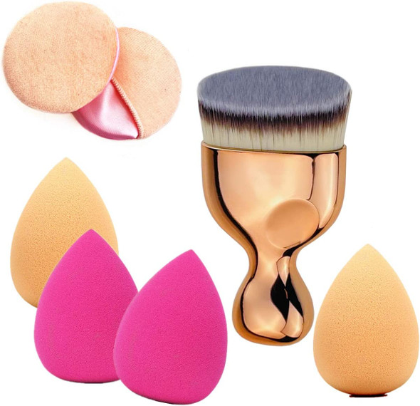 4 Makeup Sponges + 1 Foundation Brush + 2 Powder Puffs, Beauty Blender Sponge for Dry or Wet Use, Essential Makeup Tools Set for blending Liquid Cream and Minerals Powder