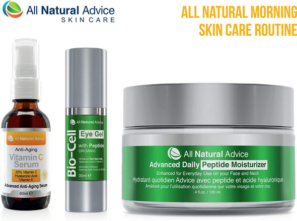 All Natural Advice Anti Aging Morning Skin Care Routine Bundle with our Three Best Skin Care Products to enhance your face, Pack of 3 including 20% Vitamin C Serum, Bio Eye Gel and Daily Face Moisturizer with Peptide. Proud to be Made in Canada