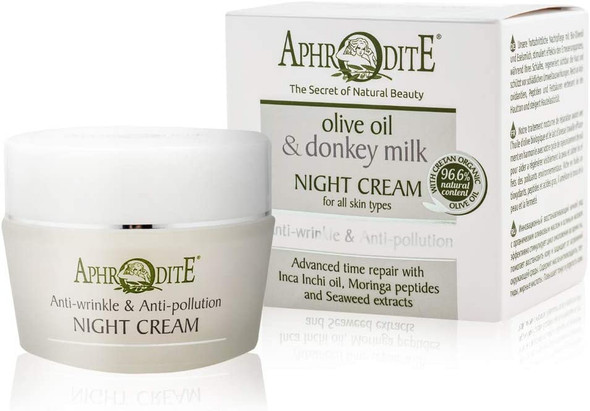 Aphrodite skincare natural olive oil cosmetics with donkey milk Anti-Wrinkle & Anti-Pollution Night Cream - Daily Nighttime Treatment to Calm the Skin (50 ml / 1.70 fl oz)