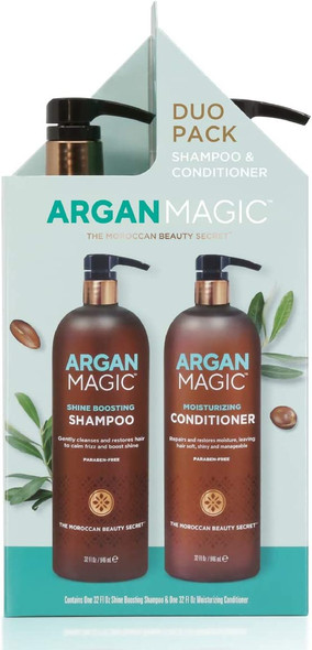 Argan Magic Shine Boosting Shampoo & Moisturizing Conditioner Duo - Gently Cleanses, Boosts Shine, Controls Frizz, Restores Moisture, Detangles | Made in USA, Paraben Free, Cruelty Free (32 oz)