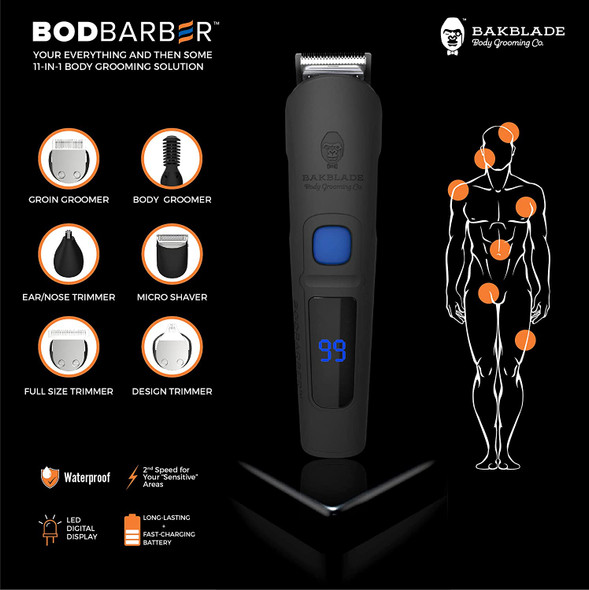 baKblade Grooming Co. - BODBARBER - 11 in 1 Men's Body Grooming Kit, Attachments Include: Groin Groomer, Body Groomer, Beard Groomer, Hair Groomer, Nose & Ear Groomer, Cordless & Waterproof