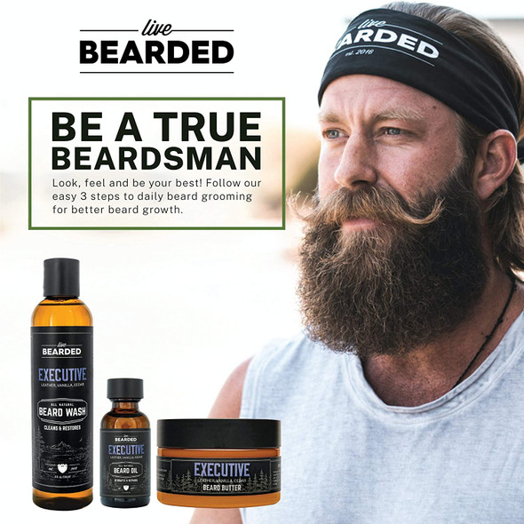 Beard Kit | Live Bearded Made in USA | Beard Bundle (Leather, Cedar, Vanilla - The Executive)